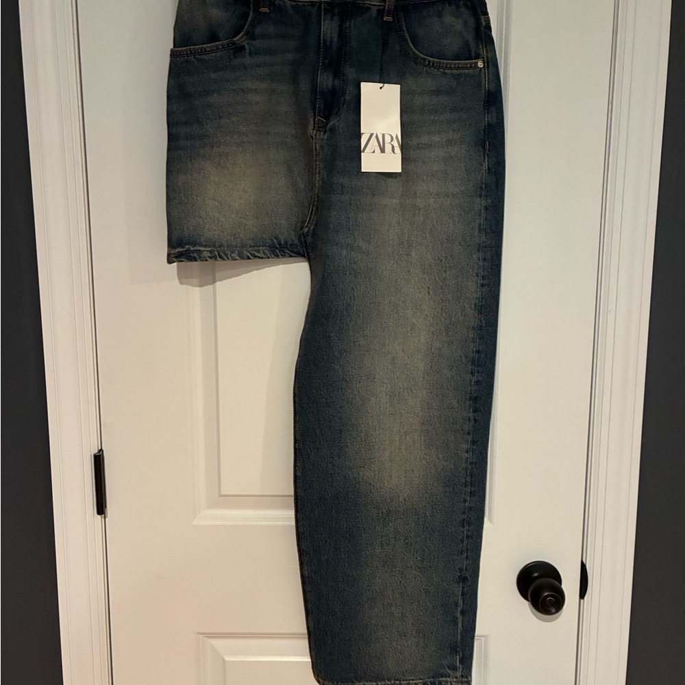 Zara Asymmetrical Denim Skirt - Dark Blue. Size Small